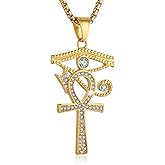 AsAlways 14K Gold Plated Anka Cross Eye of Horus Necklace for Men Stainless Steel Inlay CZ Hip Hop Ancient Egypt Pendant Necklace Jewelry Gift
