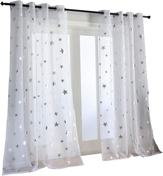 Amazon Com Kotile Silver Star Print 63 Inch Length 2 Panels White