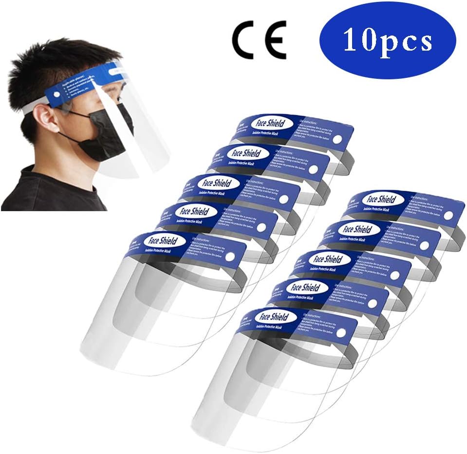 LAMBO 10Pcs/Pack Disposable Safety Face Shield,Safety Face Shield Full Protection Cap Wide Visor Resistant Spitting Anti-Fog Lens Lightweight Adjustable Transparent Face Shield for Men Women