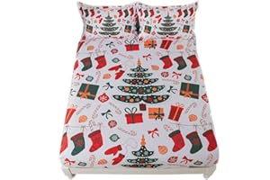 qjmiaofang Merry Christmas Sheets 3 Pieces Kids Christmas Tree Bed Sheets Full Size for Boys Girls Red Green Festivel Christmas Fitted Sheet Christmas Socks and Gift Box Printed Bed Set for Home