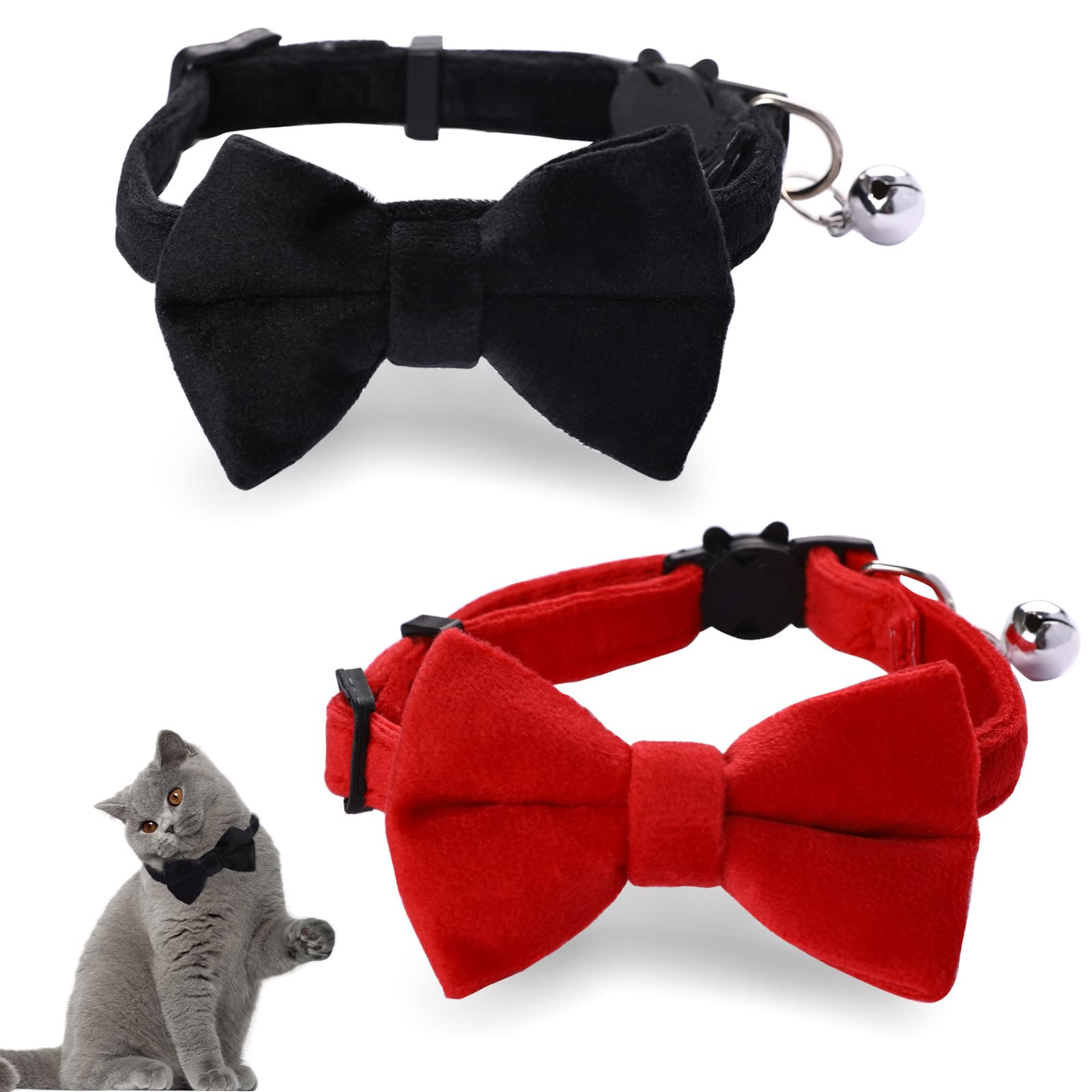 2 Pcs Velvet Bowtie Cat Collar with Bell Adjustable Breakaway Cat Collars Kitten Small Puppy Safety Bow Tie Solid Wedding Red Cat Collar for Boy Girl Cats