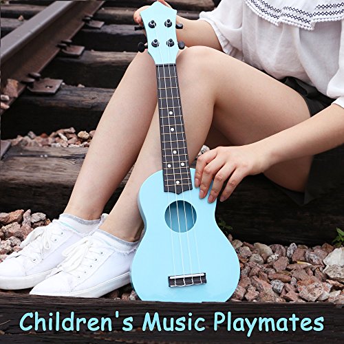JYFY Toy Ukulele 21 inch Plastic Guitar with Strap Nylon String Tuner Guitar Picks Ukulele Strings Bag Cleaning Cloth for Toddler Kids Children Ukulele Learner Beginner Gift Macarons Color Blue - Thumbnail 5