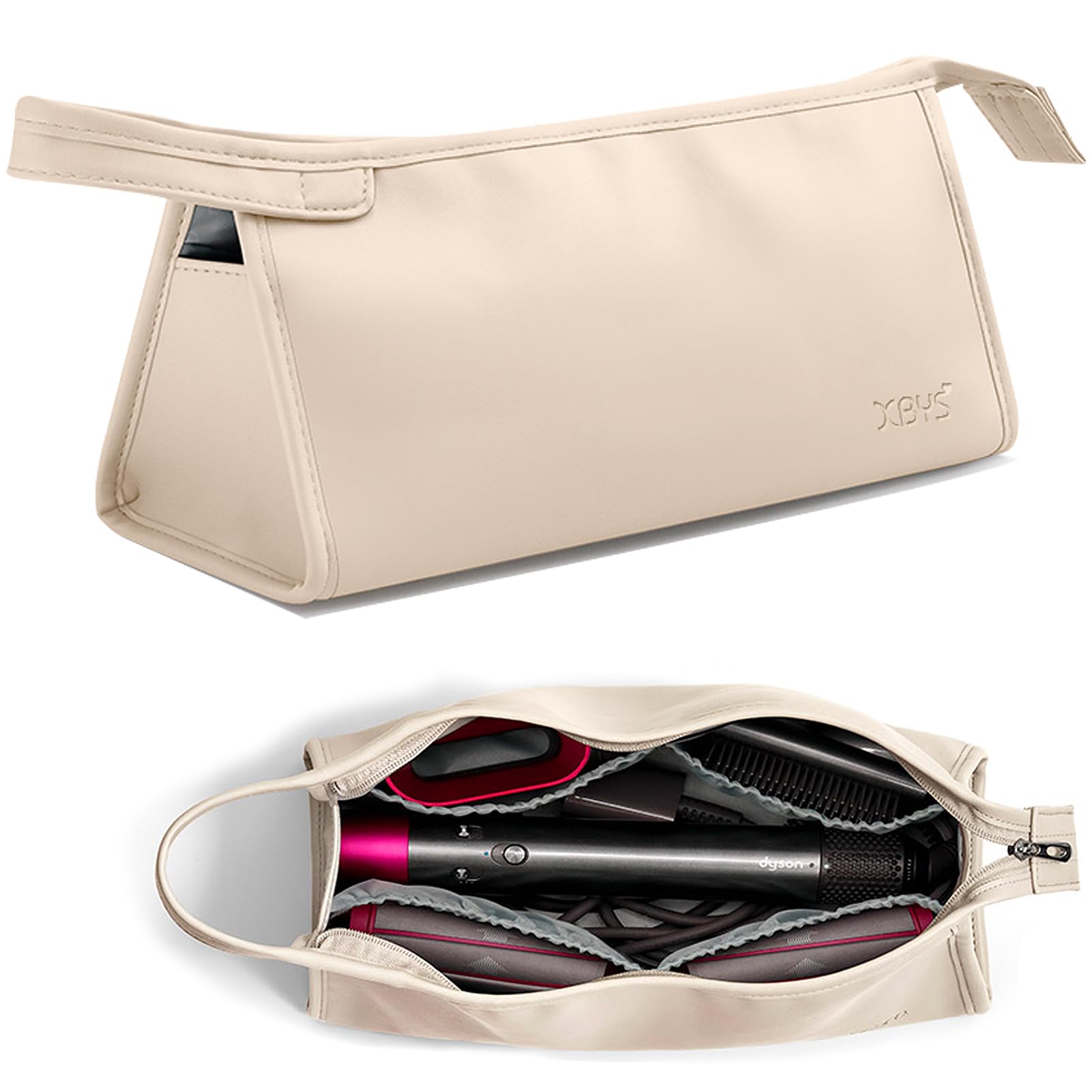Veki Portable Travel Storage Bag Compatible with Dyson Supersonic Hair Dryer, PU Leather Protective Carrying Case for Dyson Airwrap Styler, Travel Organiser Bag for Hair Curler Accessories (Beige)