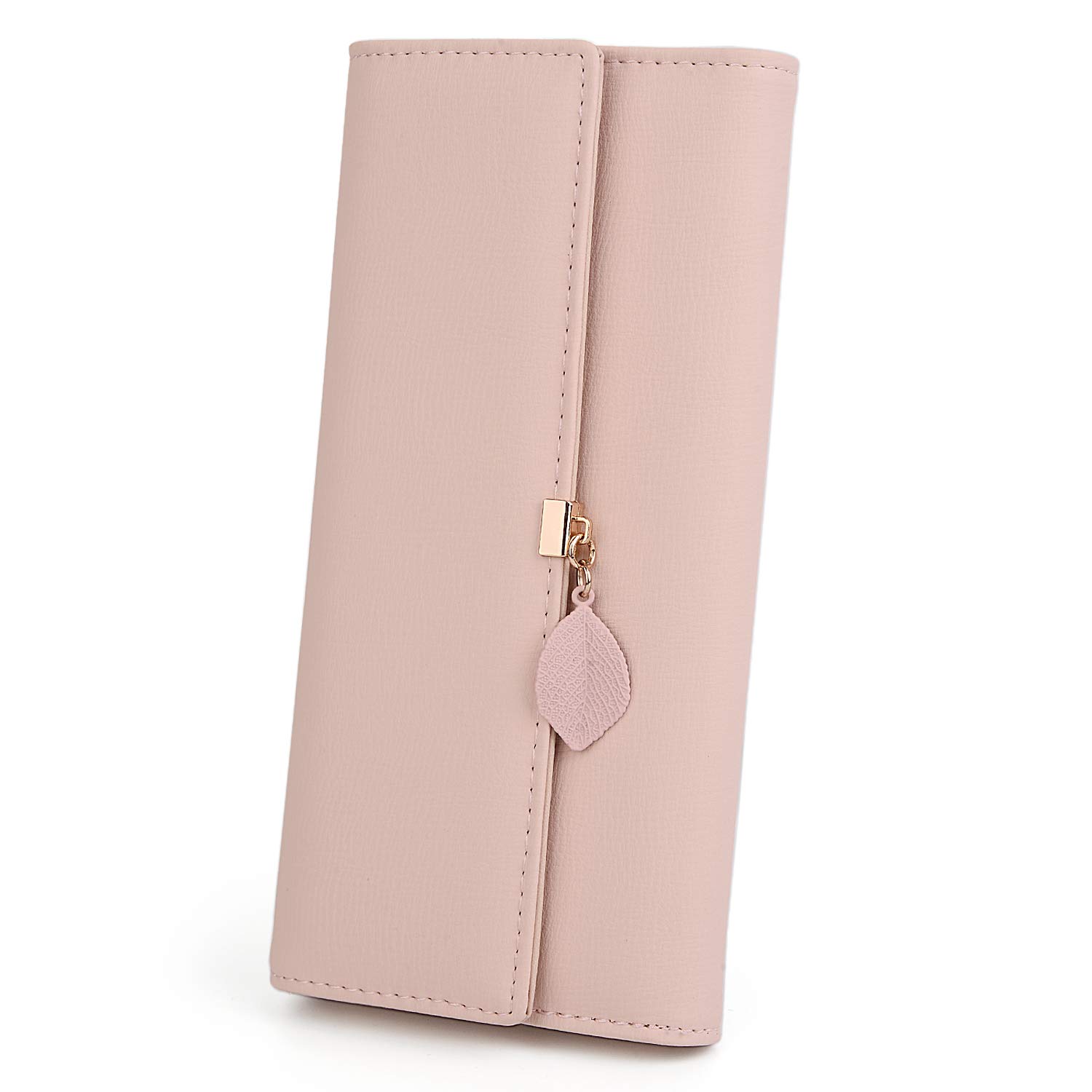UTO Purses for Women Ladies Long Wallet Leaf Pendant Zipper Coin Pocket Multi Card Slots Faux Leather Pink Matte
