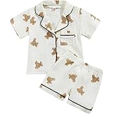 BULINGNA Kids Toddler Girl Boy Two Piece Pajamas Set Button Down Pajama Shirt Top Pants Shorts Bear Sleepwear Pjs Set