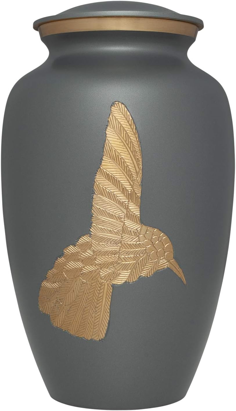 Liliane Memorials Grey Hummingbird Funeral Urn - Cremation Urn for Human Ashes - Hand Made in Brass - Suitable for Cemetery Burial or Niche - Large Size fits Remains of Adults up to 200 lbs