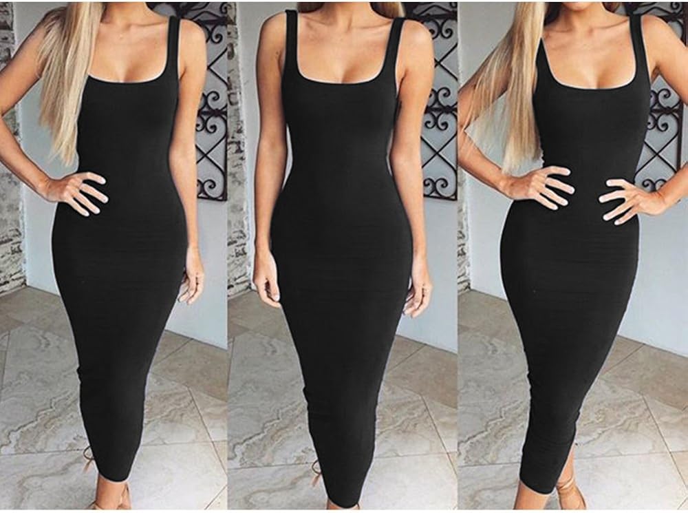 BEAGIMEG Women's Basic Tank Bodycon Sleeveless Solid Casual Long Dress: Clothing
