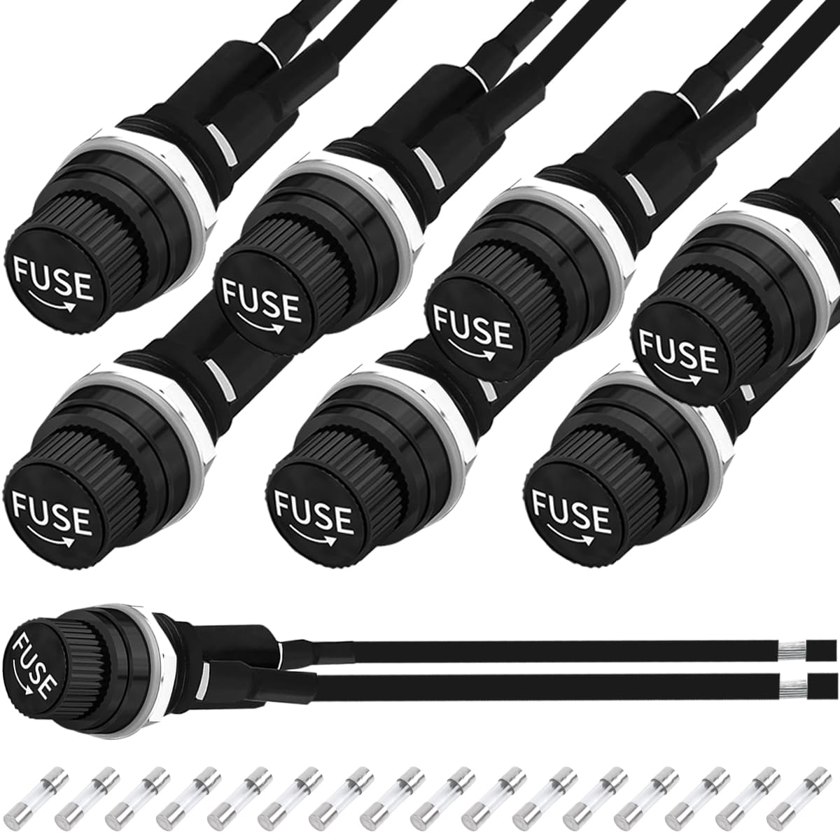 MKBKLLJY 8 Pcs Panel Mount Fuse Holder 5x20mm 12V DC 250V AC Waterproof Weatherproof Screw Cap Fuse Holders with Pre-Soldered Wires 120MM/4.72inch 20AWG 16PCS 10A/15A Glass Tube Fuses
