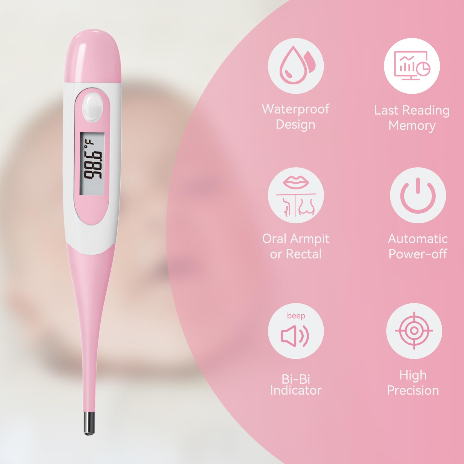 Clinical Digital Thermometer for Adults and Babies, Oral Armpit and Rectal Temperature Thermometer for Fever with Alarm, Flexible Tip