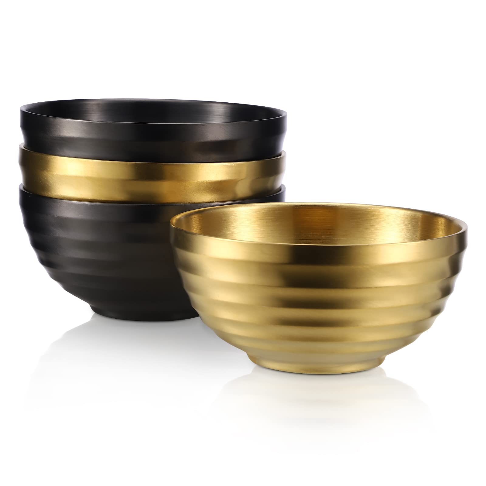 TIICOO 4Pcs 18/8 Stainless Steel Insulated Bowls Set – Double Layer Thermal Soup & Rice Bowls, Salad & Cereal Bowls (5.5inch, Gold & Black) – Dishwasher Safe, Non-Slip, Rustproof for Kitchen & Dining