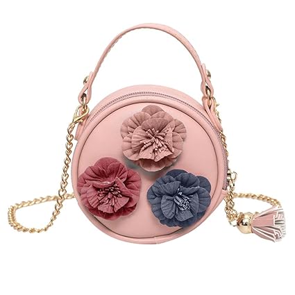 BESTVECH Pink Fashion Women PU Round Shoulder Bag Flower Printed Tassel Handbag Crossbody