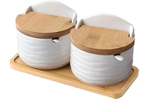 Salt Cellar With Lid - Ceramic 2x Salt Holder With Wooden Spoon And Lid, Seasoning Box, Kitchen Seasoning Storage Jar, Holder
