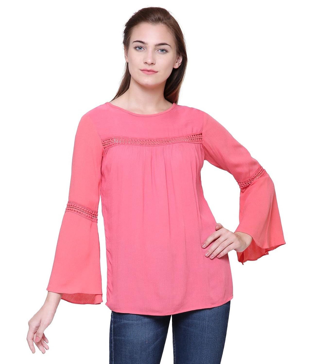 poison ivy women's casual bell sleeve full sleeve solid, lace women's peach/mustard top