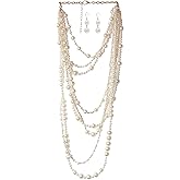 ABJFJE Womens Multi Layer Faux Pearl Crystal Flower Choker Necklace and Drop Earring Set Fashion Large Simulated Pearl Statement Collar Bib Long Sweater Necklace Costume Jewelry Set