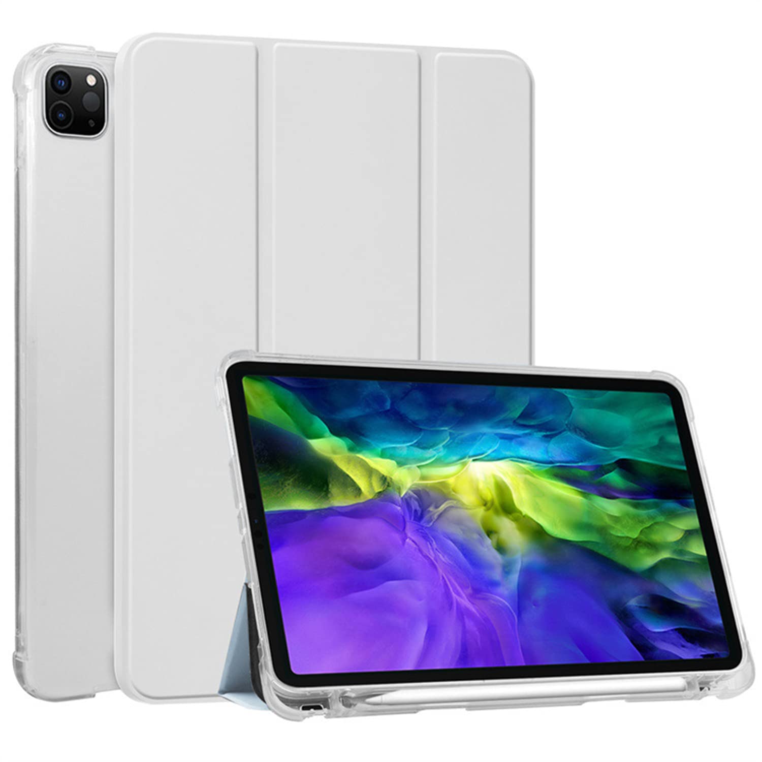 HUEZOE Case Compatible with iPad Pro 11 Inch, 2021/2020/2018 Model, Soft TPU Transparent Back Cover, Folding Stand, Protective Case with Pen Holder, Car Sleep/Wake, Grey