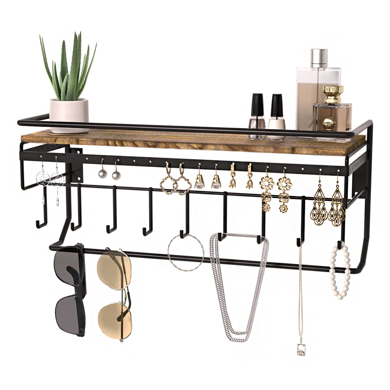 Photo 1 of JackCubeDesign Hanging Jewelry Organizer with 9 Hooks, Wall Mount Necklace Earring Bracelet Sunglass Holder with Torched Wood Shelf (Black Metal) - MK237C