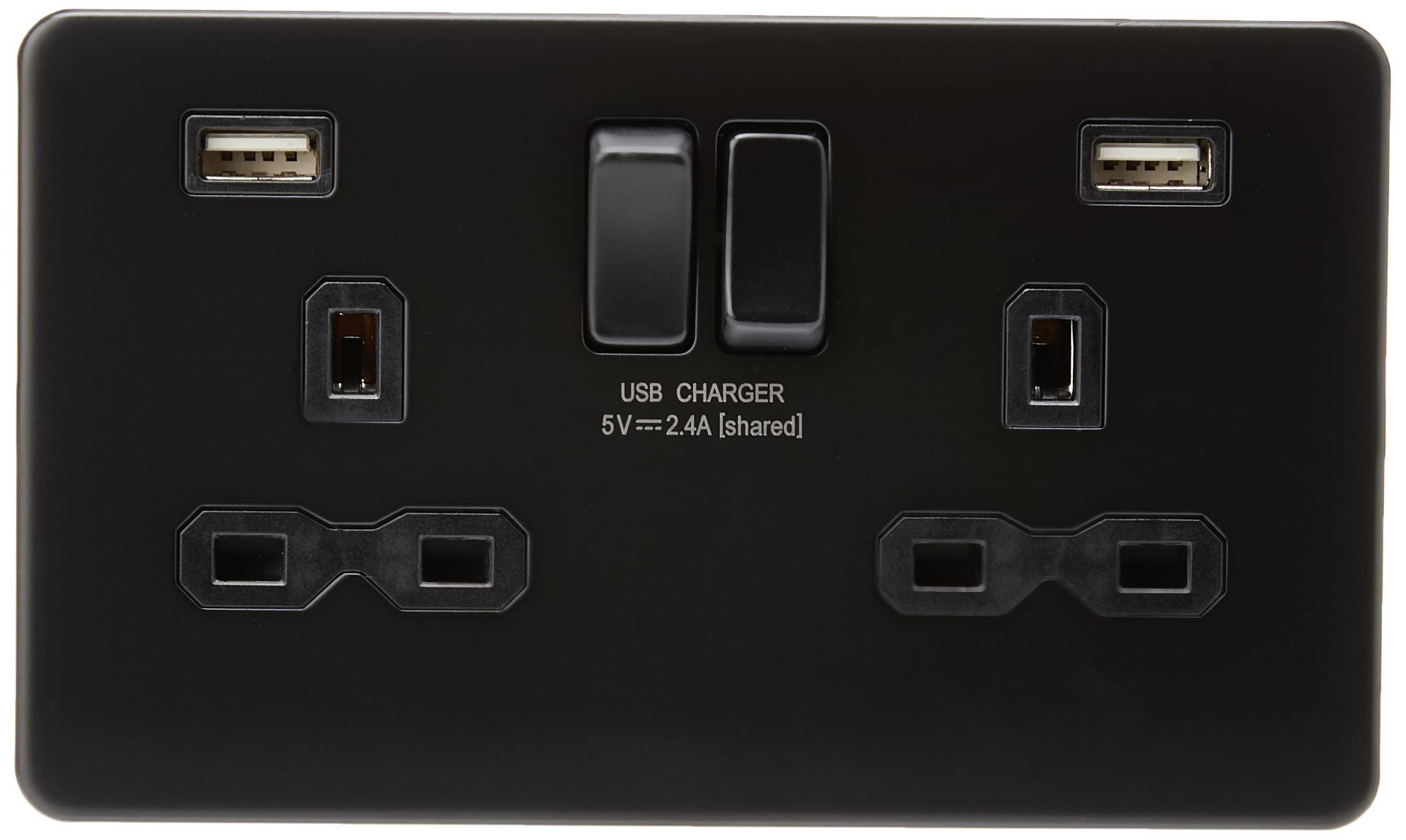 13A 2G Switched Socket with Dual USB Charger (2.4A) - Matt Black