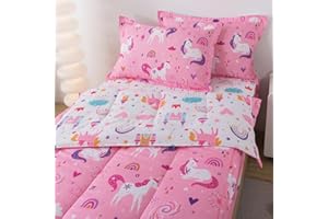 ADASMILE A & S Zipper Bedding Twin for Girls Pink Unicorn Comforter Set Kids All in One Zipper Bed Set Soft Microfiber Prince