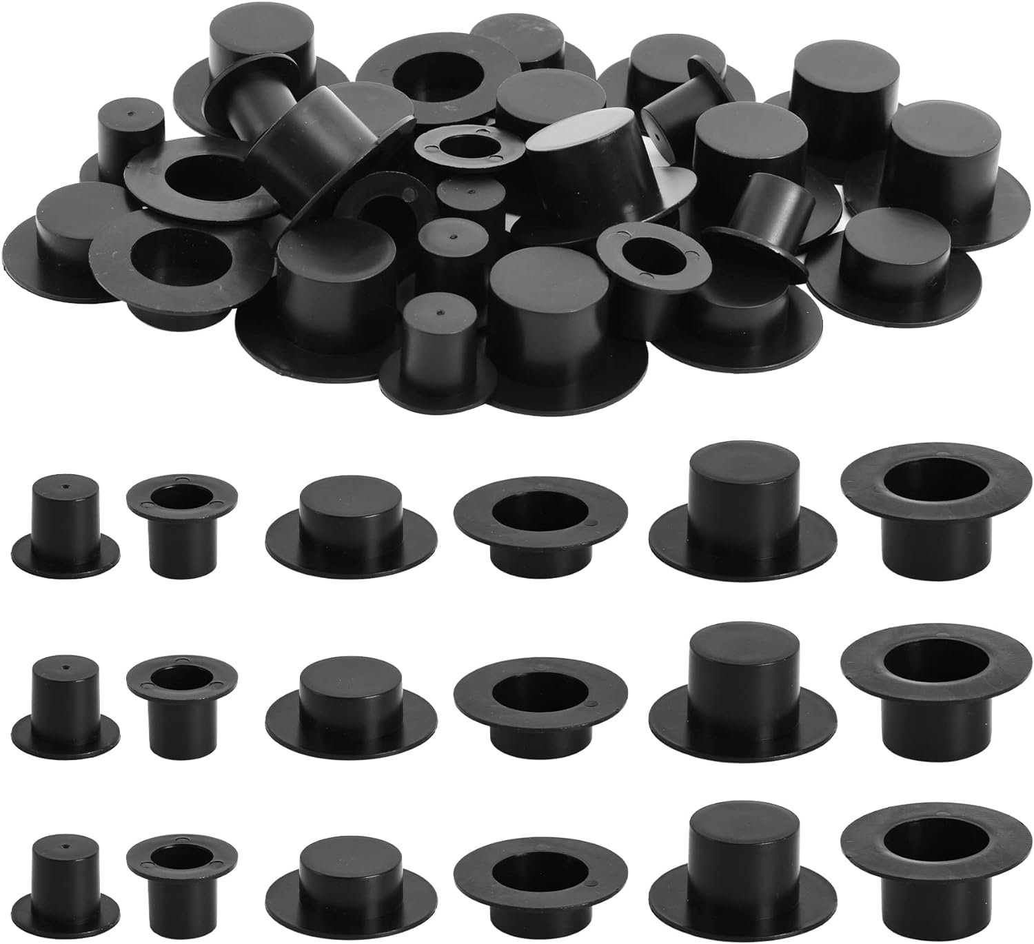 HUIANER Mini Black Top Hats 30PCS Miniature Top Hats Plastic Mini Doll Hats for Dollhouse Art Crafts DIY Supplies