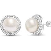Gem Stone King 925 Sterling Silver 9MM Cultured Freshwater Pearl Button Stud Earrings For Women | Fine Jewelry Gifts for Her Mom Women Wife
