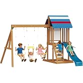 Albott Wooden Swing Set for Kids with Tower Playhouse, Outdoor Playset | 6-in-1 Backyard Playground, Wave Slide, Swings, Climbing Wall, Ladder, Ages 3&ndash;8, 99.6"D &times; 152.4"W &times; 96.5"H