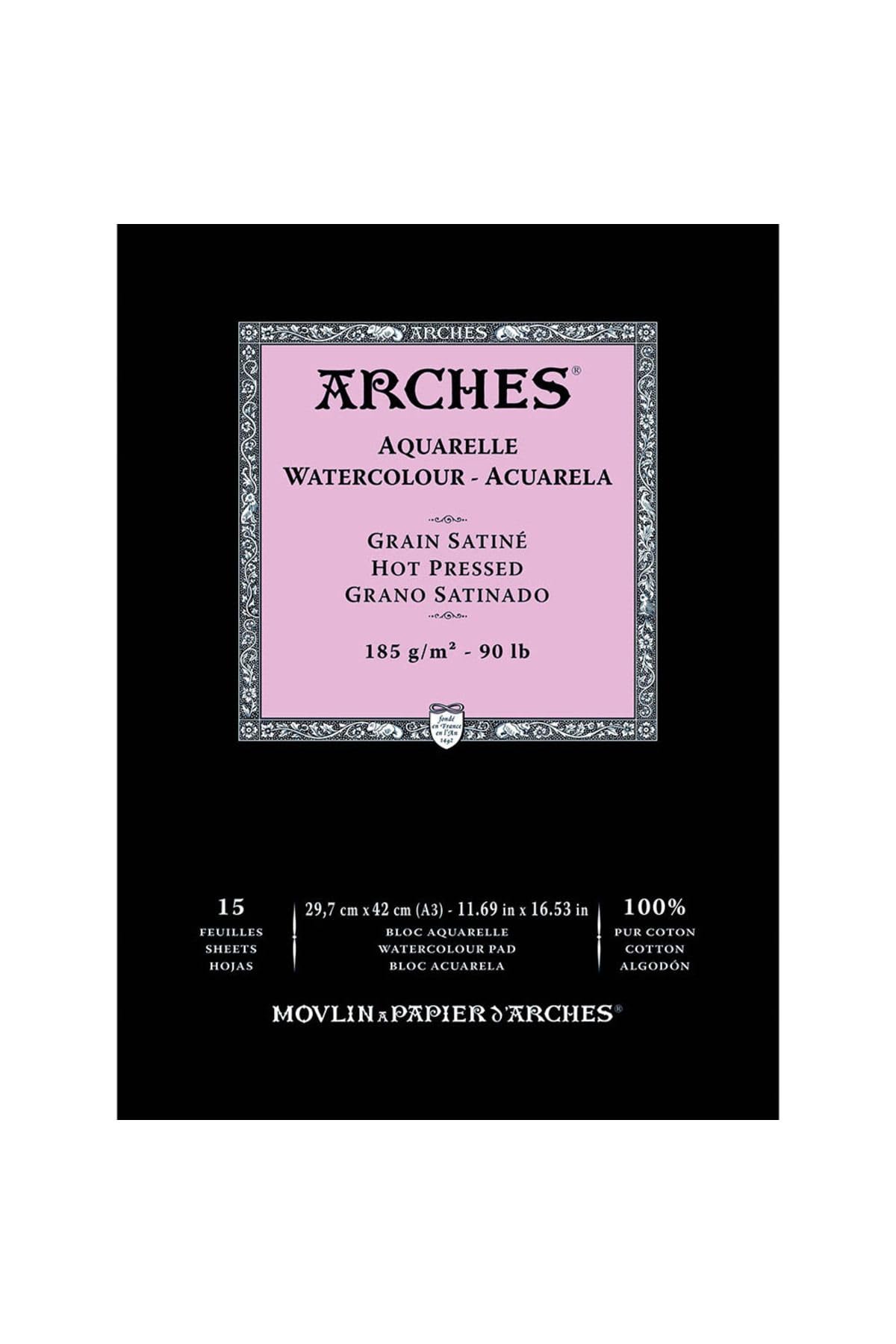 Arches Block for Watercolour glued 1 Side (15 Sheets) - Satin Grain - Natural White 185g/m2 - A3