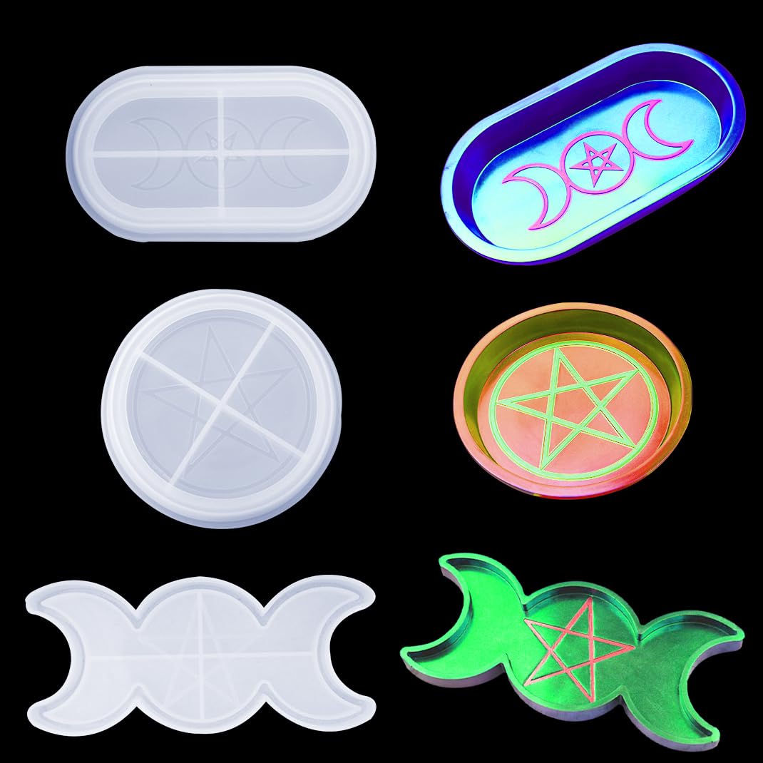 iSuperb 3 Pieces Crescent Moon Dish Tray Silicone Resin Moulds Oval and Round Shape, Epoxy Resin Moulds for Trinket Plate, Soap Holder DIY Making Crafts