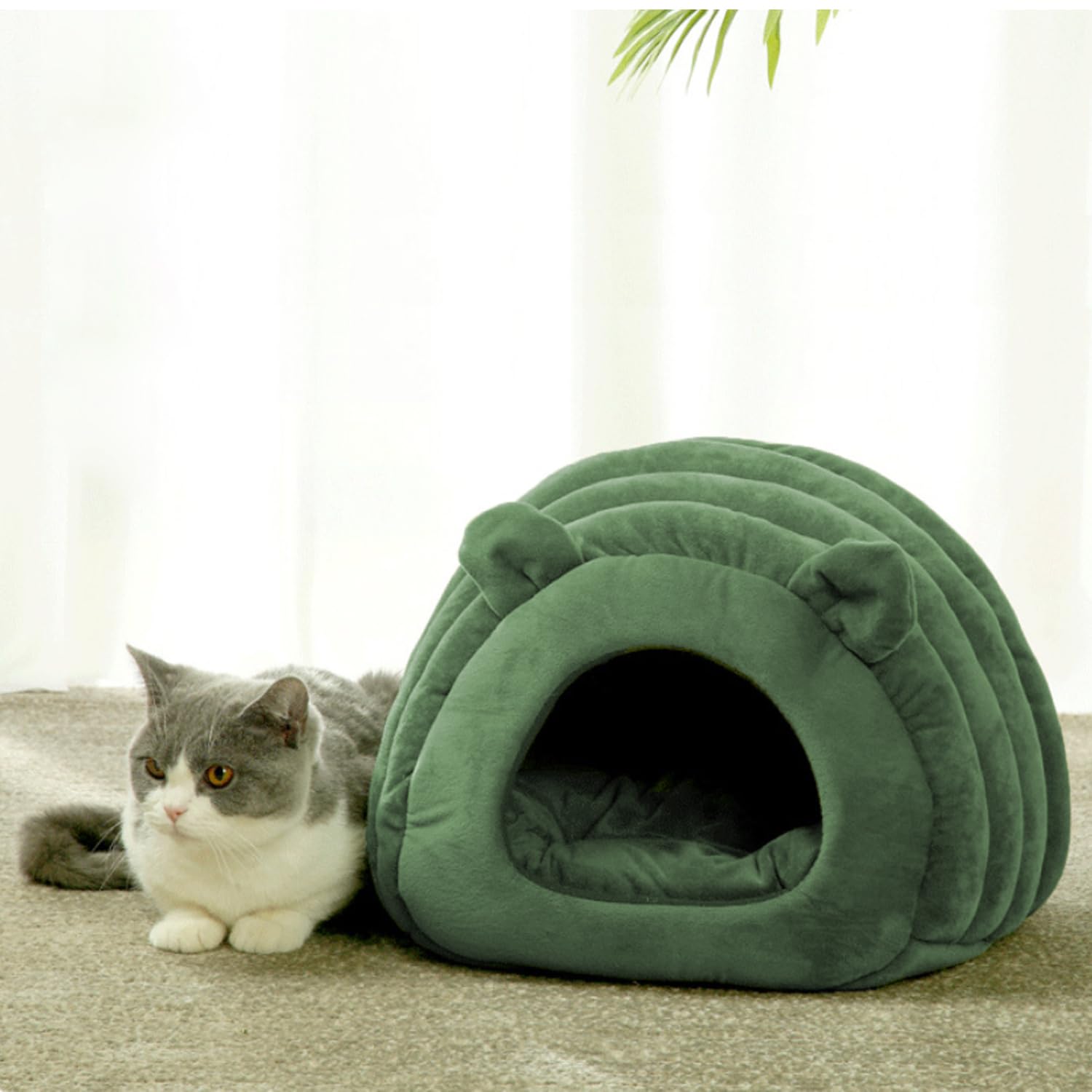 Soft Indoor Pet Bed Sofa 2 in 1 Pet Nest Portable Cat Puppy Sleeping Bag Bed Carpets Foldable Dog Cave Half Covered Slipper Shape Bed Cave House Thermal Warmer Winter Cozy Bed Hut (Deep Green)