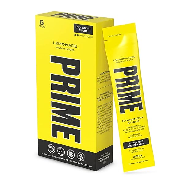PRIME HYDRATION+ STICKS LEMONADE | HYDRATION POWDER SINGLE SERVE STICKS | ELECTROLYTE POWDER ON THE GO | LOW SUGAR | CAFFEINE-FREE | VEGAN | 6 STICKS