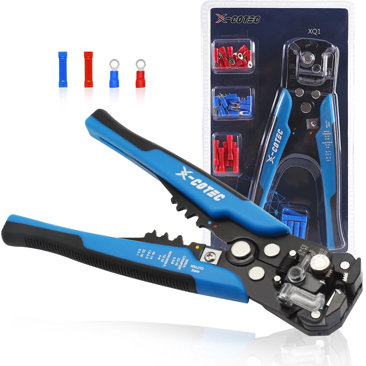 X-COTEC Wire Stripper and Crimping Tool, Automatic Wire Stripper, 3-in-1 Wire Stripper, Stripping Tool, Cutting Pliers, Cable Stripping Tool, Wire Cutter, with 60 Pieces Connectors