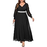 Pinup Fashion Women Plus Size Formal Dresses - Evening Gown Long Sleeve Chiffon Beading Maxi Dress
