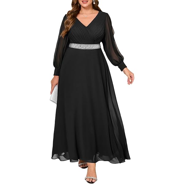 Amazon.com: Ever-Pretty Long Sleeve Formal Dress for Curvy Women Elegant V  Neck Chiffon Long Plus Size Bridesmaid Mother of Bride Dresses Black US14 :  Clothing, Shoes & Jewelry