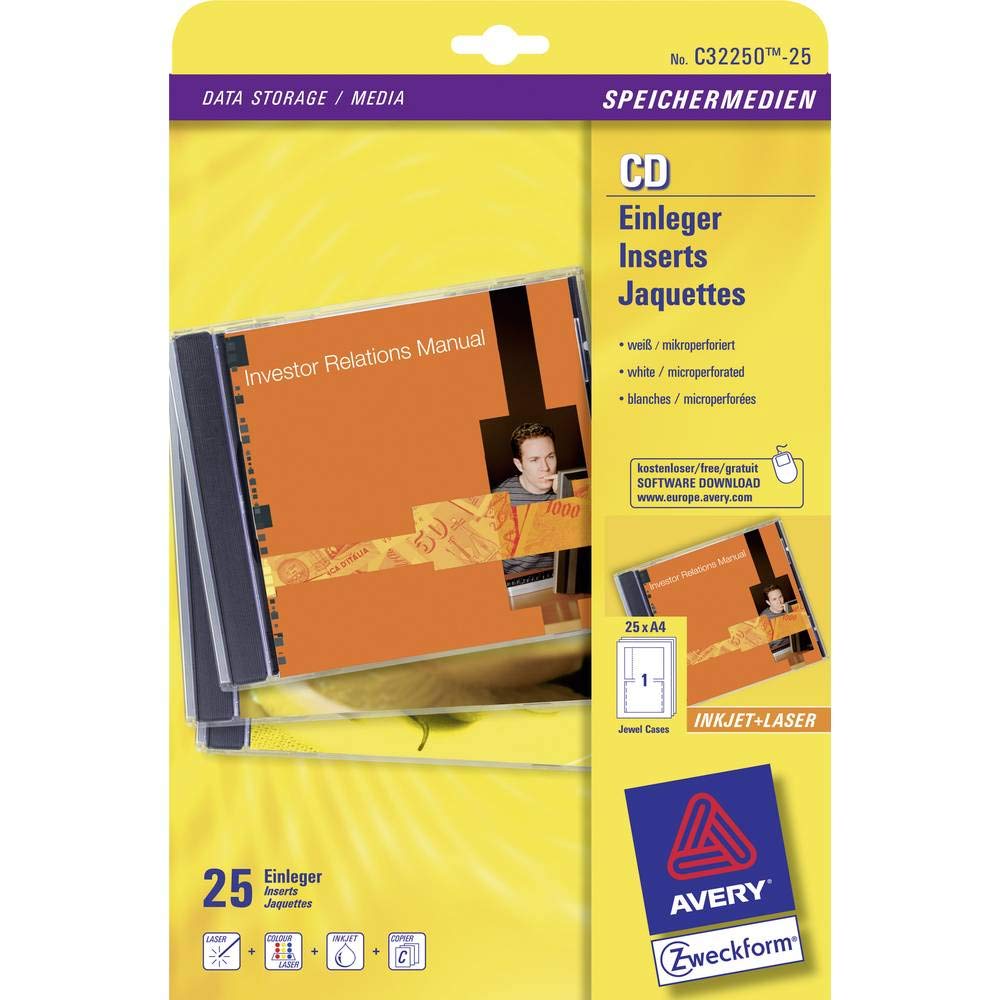 Avery Zweckform C32250-25 CD Inserts 151 x 118 mm Special Coating Micro-Perforated for Inkjet Laser Photocopier 185 g 25 Sheets