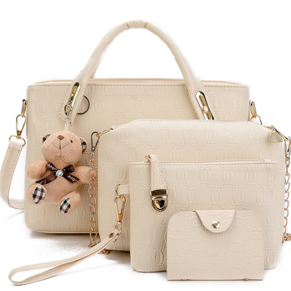 FiveloveTwo Women 4Pcs Top Handle Satchel Hobo PU Leather Handbag Set Large Tote + Purse + Shoulder Bag + Card Holder Beige