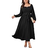 SCOMCHIC Women Plus Size Maxi Dress Long Sleeve Square Neck Wedding Guest Cocktail Belted Elegant Flowy A Line Long Dresses