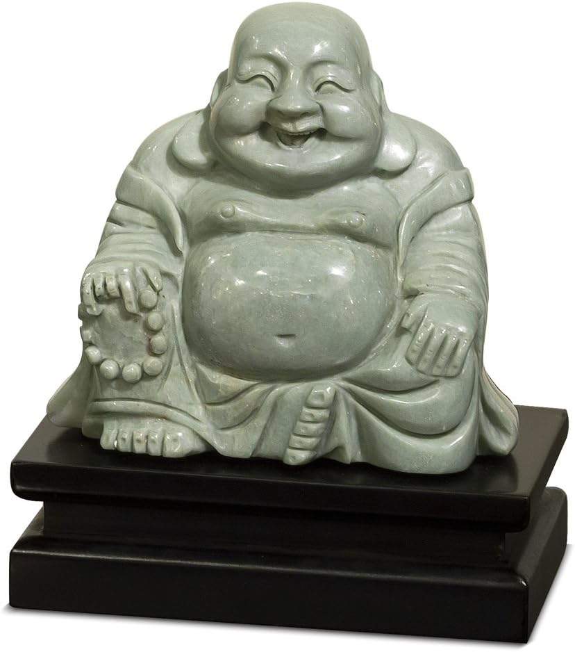 Amazon Com Chinafurnitureonline Jade Happy Buddha Statue With Wooden Stand 6 Inches High Hand Carved Sitting Laughing Buddha Green Home Kitchen