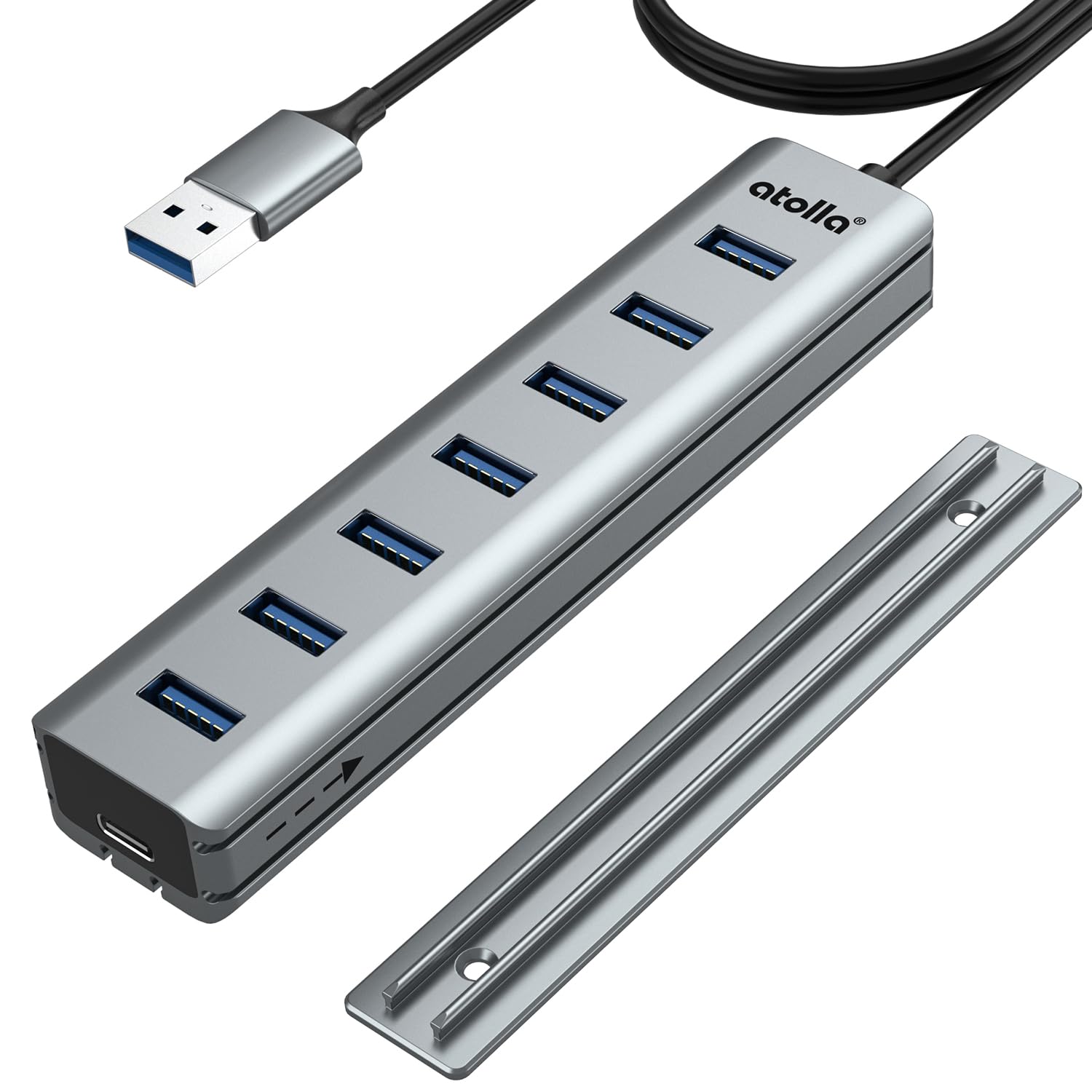 8-Port USB 3.0 Hub mit Aluminium Tischmontage Design, USB Verteiler Adapter mit 100cm Lange Kabel, 5Gbps USB3.0 Datenanschluss, Typ-C Power Port für Desktop, PC, Laptop, Maus, U-Disk