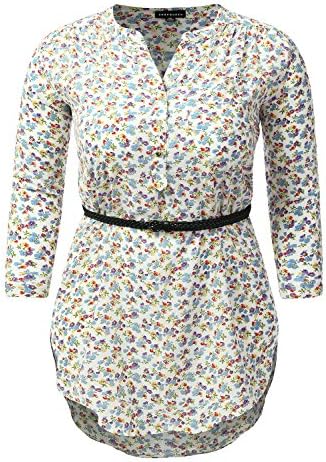 SHOPQUEEN Plus Size Henley Button Down Tunic Shirt Blouse With Belt OFFWHITE 2XL