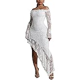 Women Elegant Floral Lace Off Shoulder Long Sleeve Evening Gown Party Cocktail Bodycon Dress