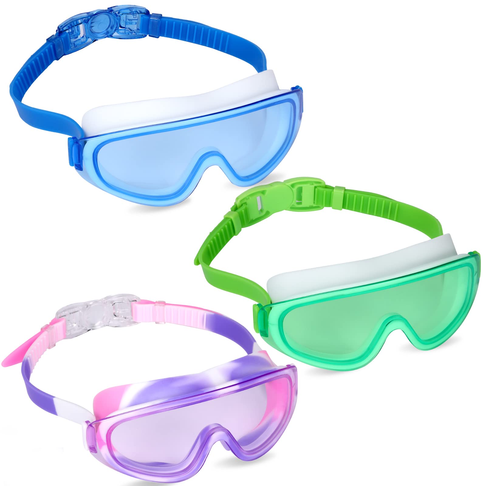 Yizerel 3 Pack Kids Swim Goggles, Swimming Glasses with One-Piece Wide Vision Lens for Children and Early Teens from 3 to 15 Years Old, Anti-Fog, Waterproof, UV Protection (Set of 3)