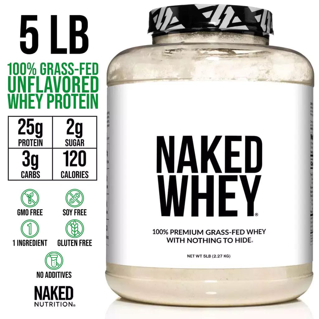 NAKED WHEY 5LB 100% Grass Fed Unflavored Whey Protein Powder - Only 1 Ingredient, Undenatured - No GMO, Soy or Gluten - No Preservatives - Promote Muscle Growth and Recovery - 76 Servings