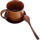 Hemoton Wooden Coffee Mug Set with Spoon and Saucer Natural Sour Jujube Wood Cup 4.3 Inch Vintage Tea Espresso Drinkware for Home Kitchen