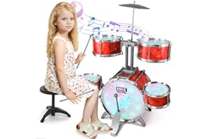 CAPTAIN CHAOWING Toddlers Drum Set for Kids 1-3 3-5 with 5 Light up Drums, Higher Bracket of Musical Drum Toys for Toddlers, Red Drumset for Girls Boys 2-4 4-6 Years