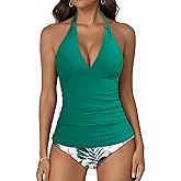 Yonique Womens Two Piece Swimsuits Tummy Control Tankini Plus Size Bathing Suit Halter V Neck Swimwear