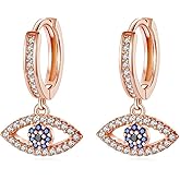 14K Gold Moissanite Evil Eye Hoop Earrings for Women,Delicate Sapphire Hollow Hamsa Huggie Earrings,Fashion Lucky Jewelry Gift for Her
