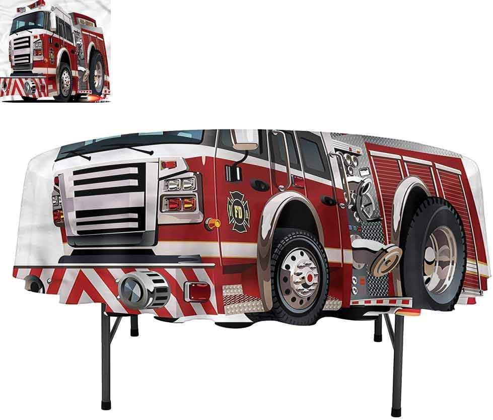 Aishare Store Fire Truck Round Tablecloth Polyester Circular Wrinkle Free Table Cloth, Rescue Department Car, Soft Dinner Table Cover for Buffet Table, Round 54"
