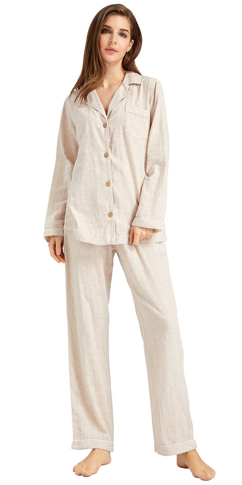 View 1 of **Top Only** XINJU Womens Muslin Pajama Set 100% Cotton Double Gauze Linen Like Breathable Soft Button Up Long Sleeve Loungewear Sleepwear PJ Set (Long Sleeve, Beige, Large)