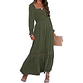 ZESICA Women's 2026 Boho Long Sleeve Square Neck Smocked High Waist Flowy A Line Lace Trim Maxi Dress