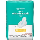 Amazon Basics Regular Absorbency Feminine Pads for Women, Ultra Thin with Flexi-Wings, Unscented, Size 1, 8-Hour Protection, Leak Prevention, 36 Count, Packaging May Vary