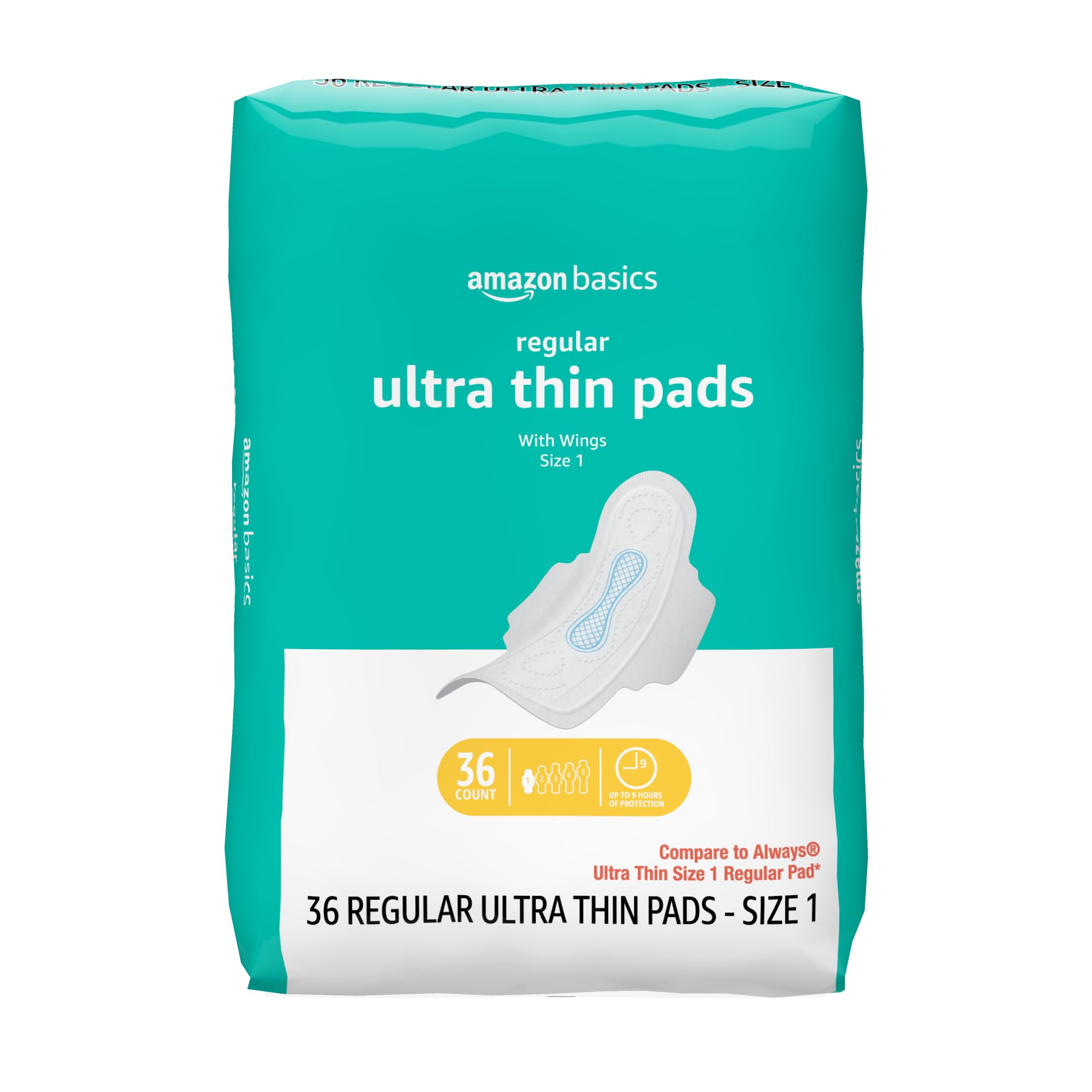 Photo 1 of **2 pack**Amazon Basics Regular Absorbency Feminine Pads for Women, Ultra Thin with Flexi-Wings, Unscented, Size 1, 8-Hour Protection, Leak Prevention, 36 Count